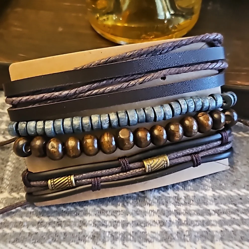 Leather and Cord and Wooden Bead Stacked Bracelets Unisex - Picture 2 of 3